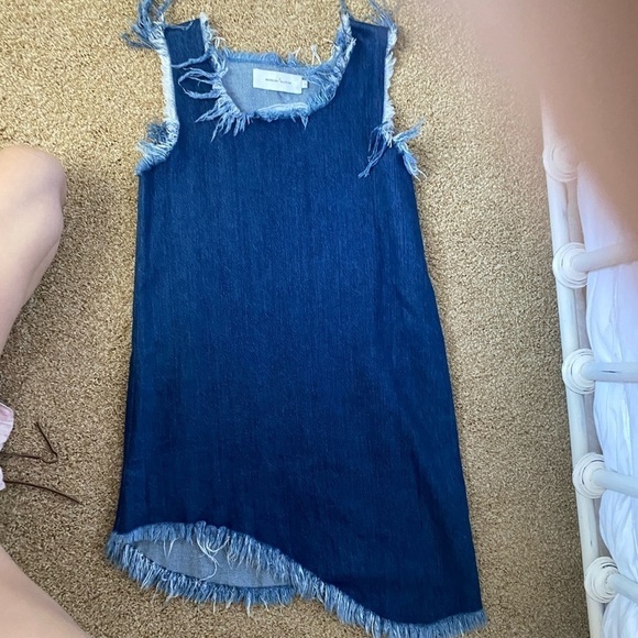 Marques Almeida Asymmetrical Hem Dark Was Denim Mini Shift Sleeveless Dress - Picture 10 of 12